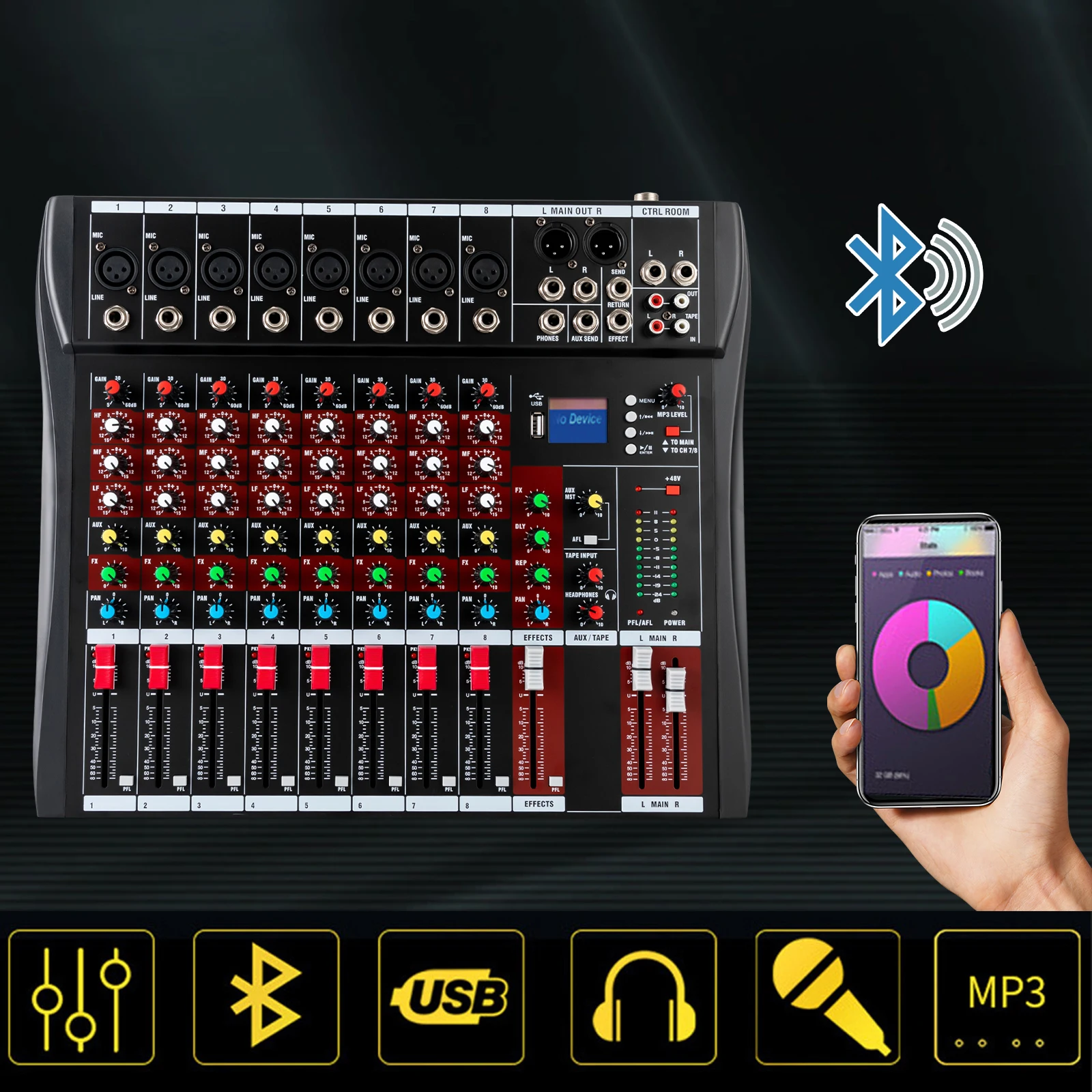 8-Channels Audio Mixer Professional Portable Sound Mixing Console Bluetooth USB Power Interface for Home KTV, Recording Studio