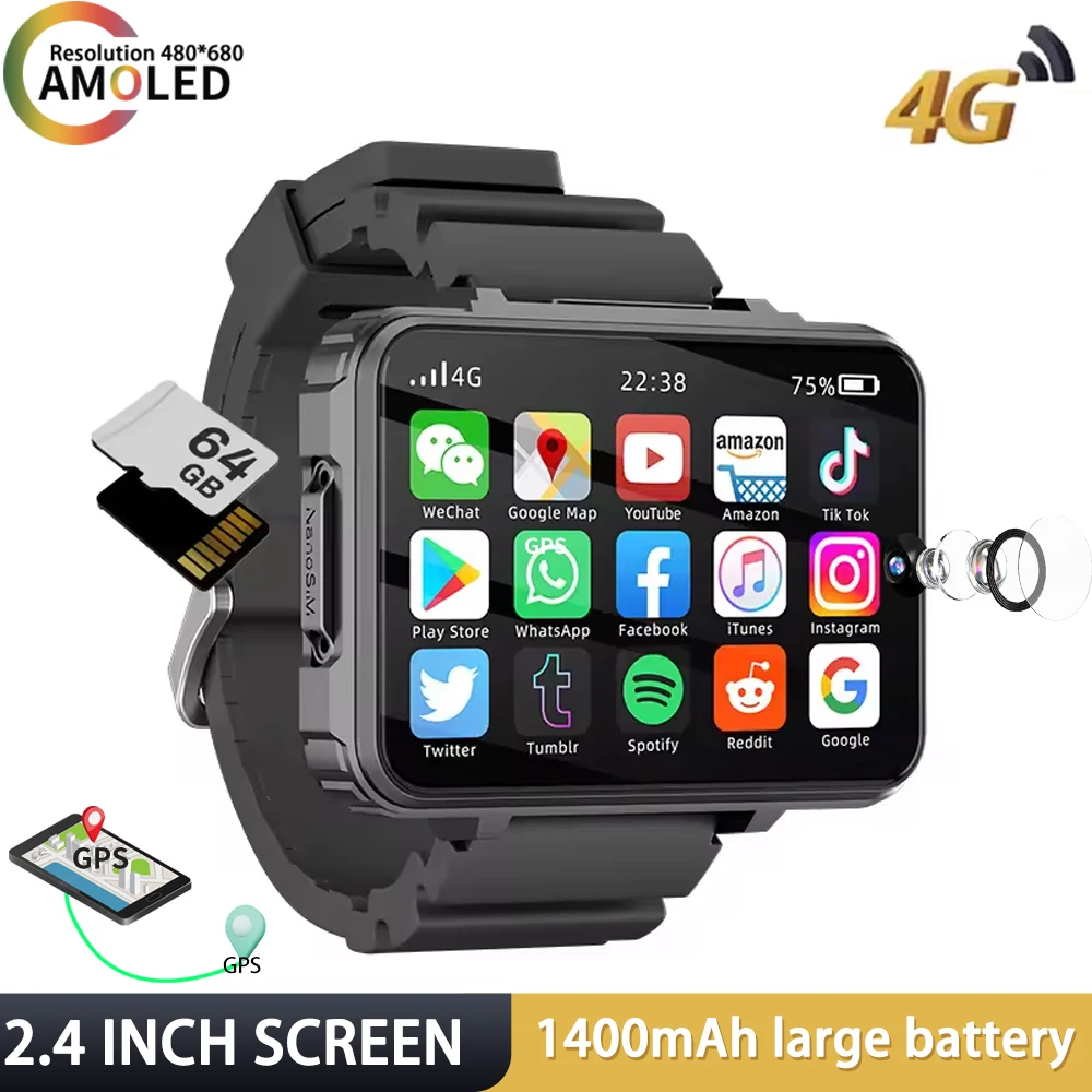 XUESEVEN VP999 2.4inch Large Screen Smart Watch Phone 4G Dual Camera Video Chat 4GB+64GB WIFI GPS Location Sport Smartwatch Men